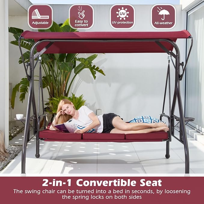 800LBS Patio Swing with Canopy 3 Seat Outdoor Porch Swing with Stand w/Cup - Image 2