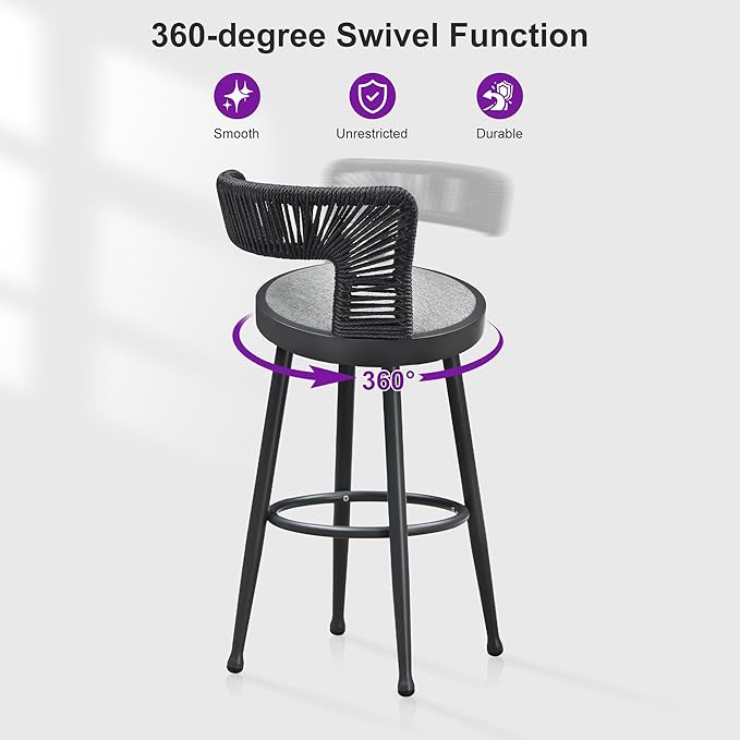 PURPLE LEAF Outdoor Swivel Bar Height Stools Set of 2 Metal Modern Wicker Bar - Image 6