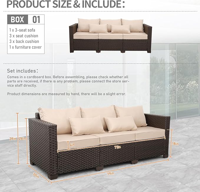 Outdoor Furniture Couch 3 Seater Sofa Outdoor Brown Wicker Sofa Deep Seat High - Image 2
