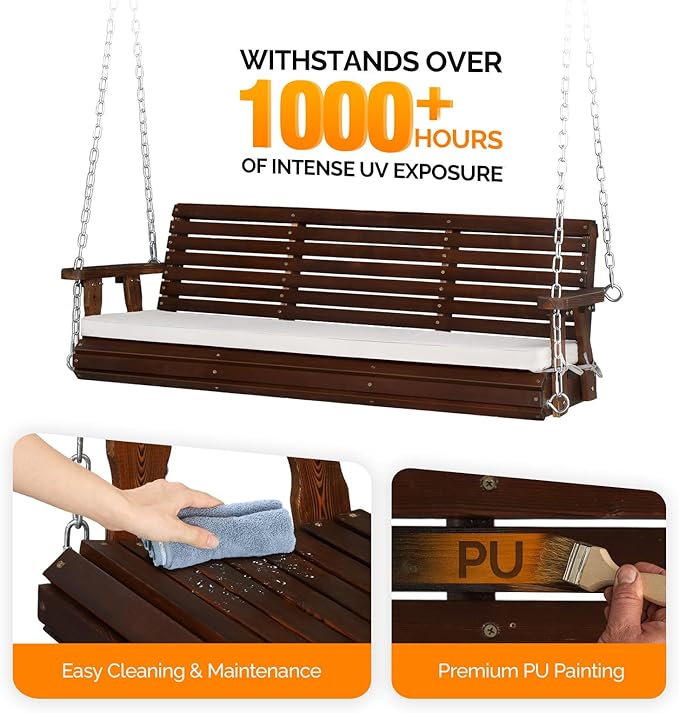VINGLI Wooden Porch Swing, Heavy Duty 880 LBS Hanging Patio Bench - Image 2
