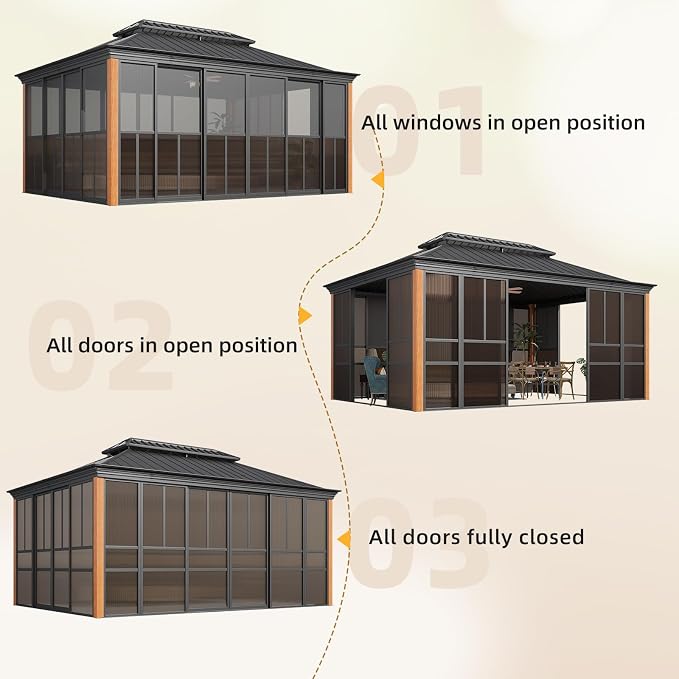 EROMMY 12' X 16' Hardtop Sunroom, Galvanized Steel Double Roof Gazebo Solarium - Image 7