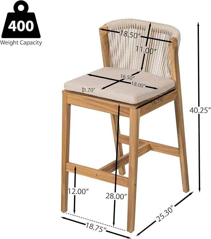 Merax Outdoor Bar Stools Set of 2, Heavy-Duty Boho Woven Barstools, Acacia Wood - Image 2