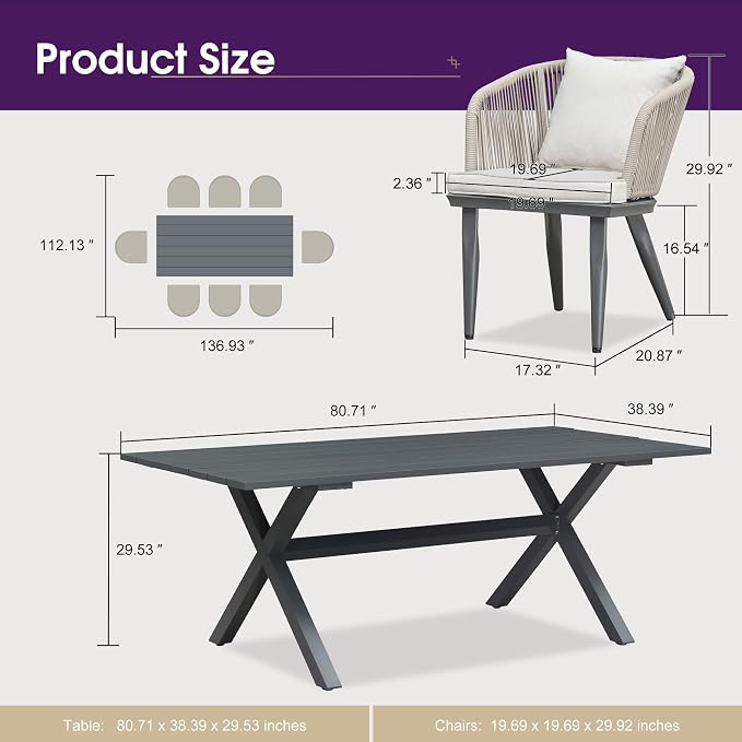 PURPLE LEAF 9 Pieces Patio Dining Set Wicker Outdoor Furniture Rectangular - Image 9