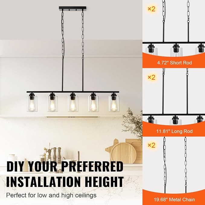 VEVOR 5-Light Kitchen Island Pendant Lights, Adjustable Dining Room Light - Image 3