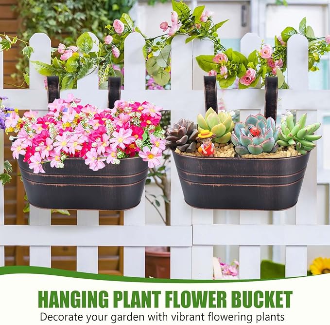 OBTANIM 4 Pack Metal Hanging Flower Pots Iron Railing Planter Outdoor Fence - Image 5