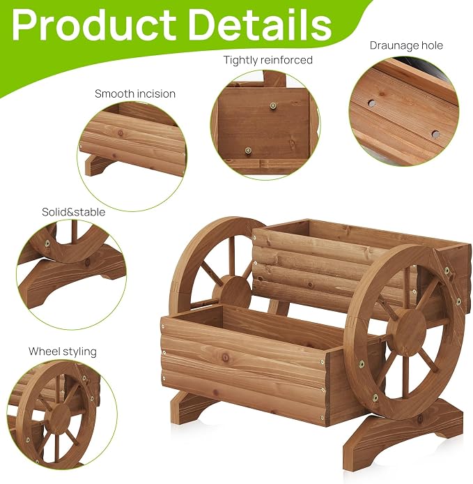 Wooden Wagon Planter Outdoor Flower Cart - Image 6