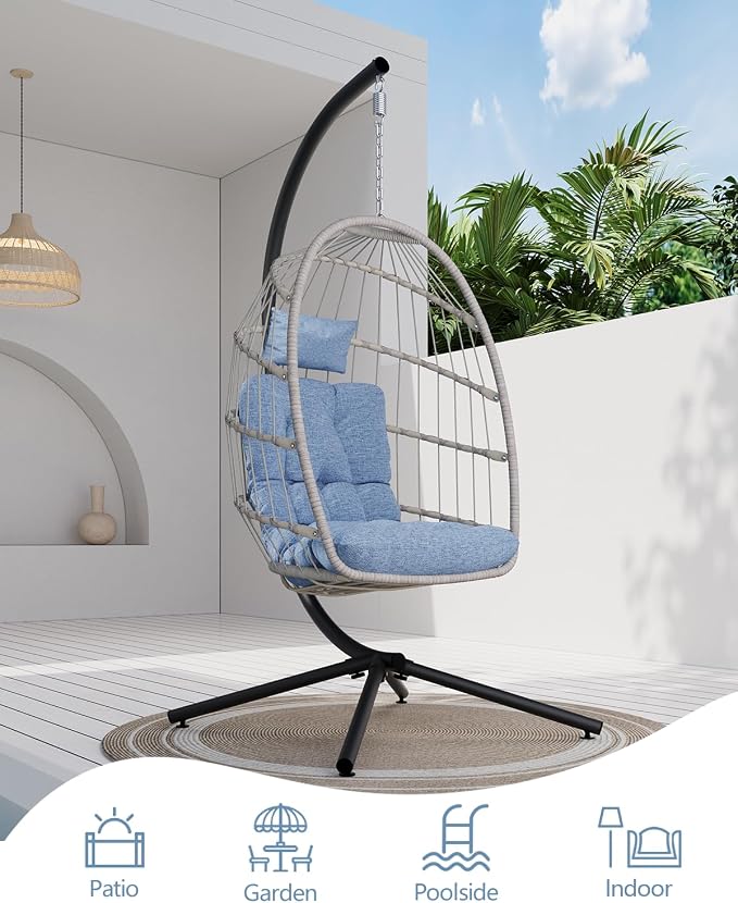 SWITTE Egg Chair Outdoor with Stand, Indoor Wicker Hanging Egg Swing Chair with - Image 6
