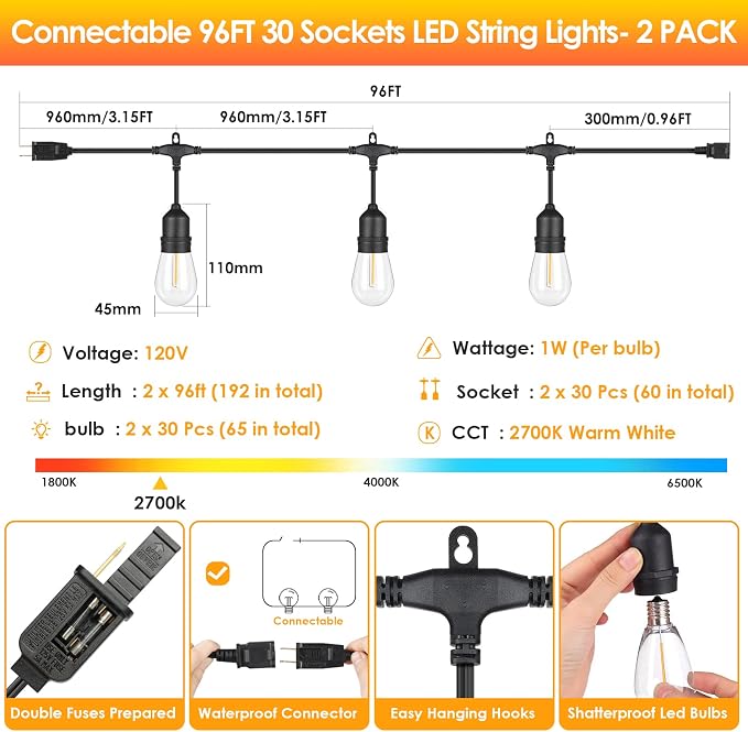 Mlambert 2 Pack 96FT Outdoor String Lights - Image 5