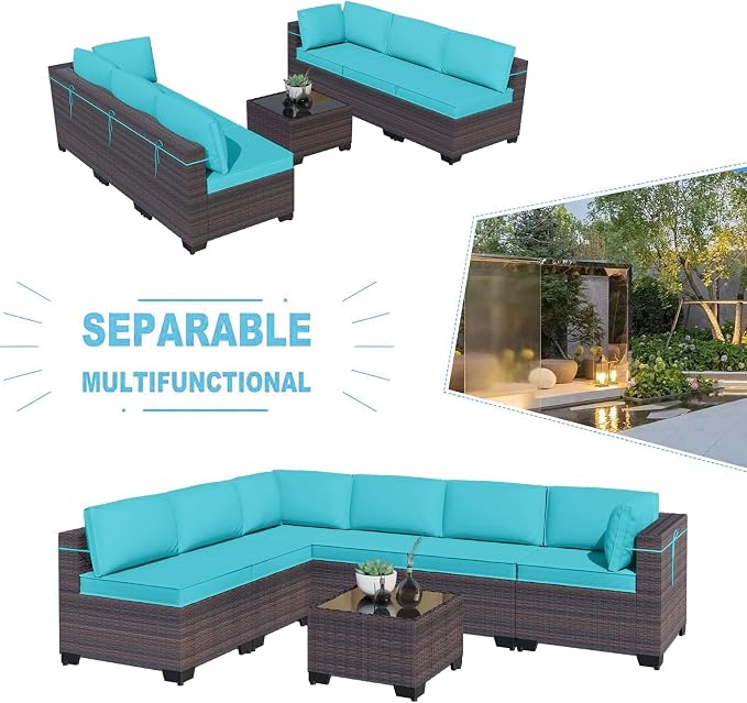Kullavik 7 Pieces Outdoor Patio Furniture Set, Sectional Rattan Sofa Set Brown - Image 4