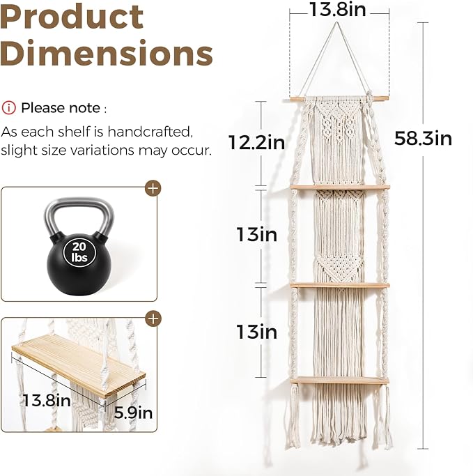 Bamworld Plant Wall Shelf Boho Plant Stand Window Plant Shelf 3 Tier Macrame - Image 2