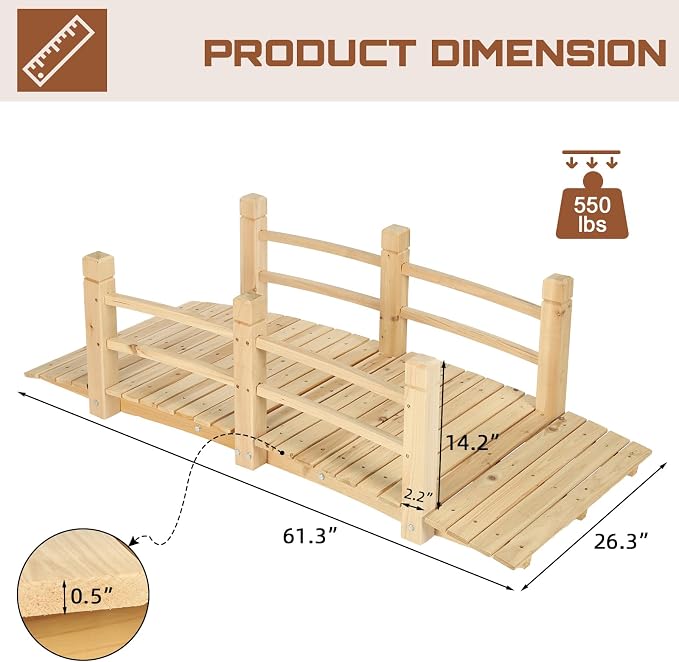 HOMEDIARY 5 FT Fir Wood Garden Bridge, Outdoor Classic Wood Arc Footbridge - Image 2