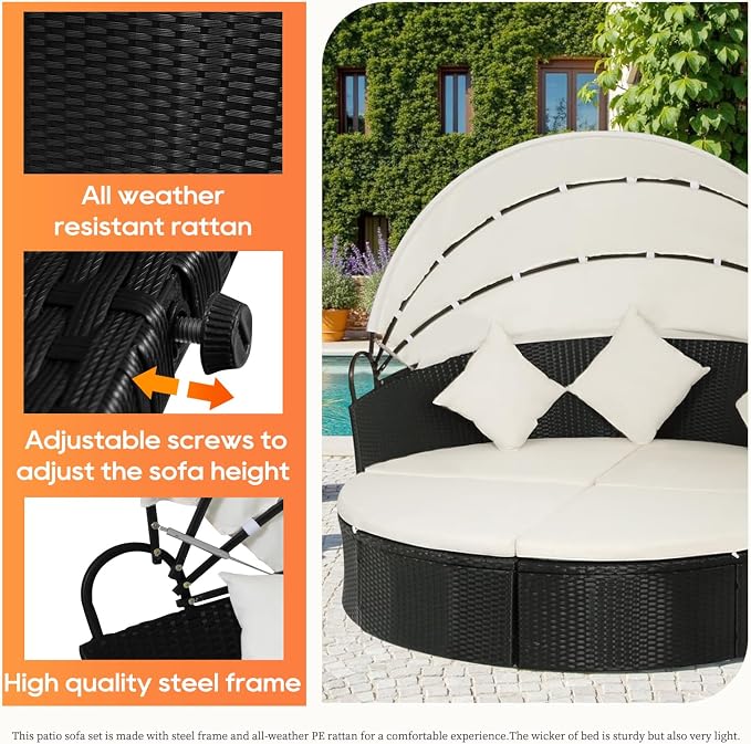 FDW Outdoor Round Daybed Wicker Patio Furniture Outdoor Furniture - Image 3