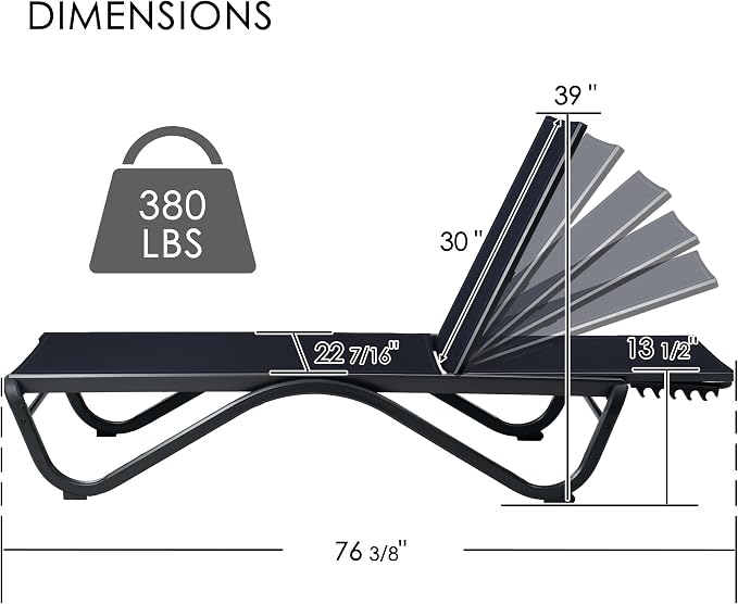 Kozyard Outdoor Chaise Lounge Chair, Full Aluminum Frame, Adjustable Reclining - Image 2