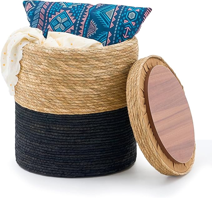 Wimarsbon Round Pouf Ottomans, Handwoven Natural Water Hyacinth Seagrass Pouffe by Wimarsbon