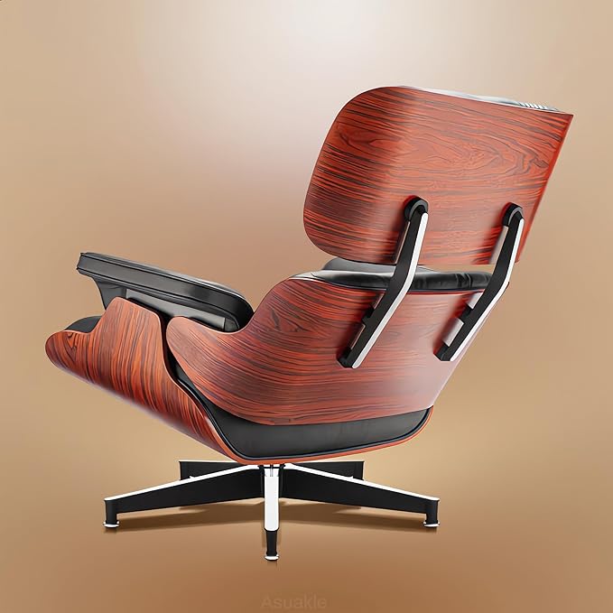 Top Black Grain Leather, Mid Century Chaise Lounge Chair and Ottoman, Modern - Image 9