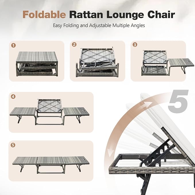 Devoko Lounge Chair Foldable Rattan Chaise Lounge 2-Pack, 5-Angle Adjustable - Image 5