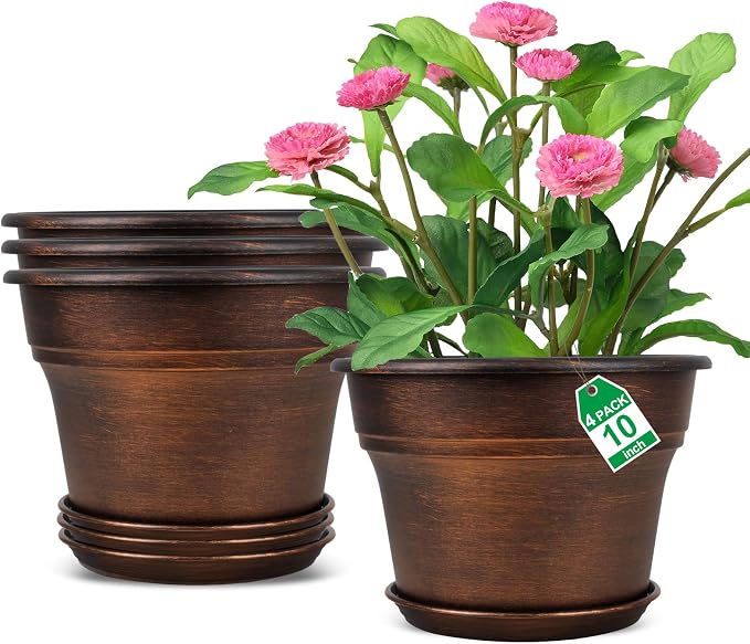 10 Inch Planters Plant Pots Indoor Outdoor, 4 Pack Plastic Flower Pot by Fodetyff