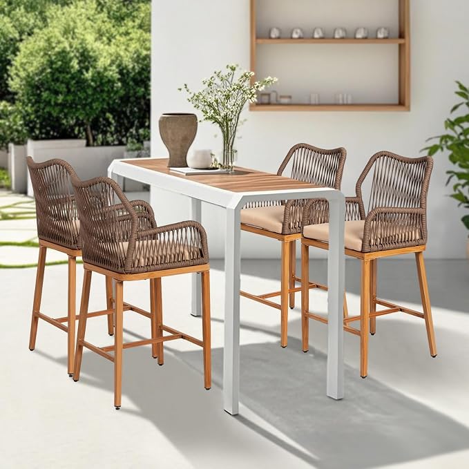 VINGLI Outdoor Counter Height Bar Stools Set of 4, Rattan Outdoor Barstools - Image 2