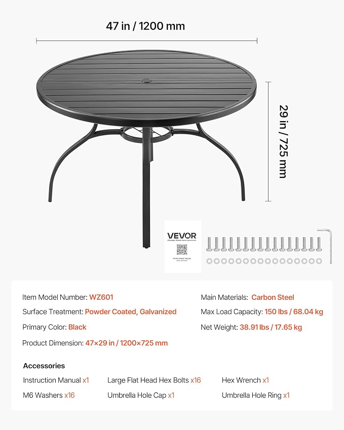 VEVOR Outdoor Patio Dining Table, 47 inch Round Metal Steel Slat Backyard - Image 3