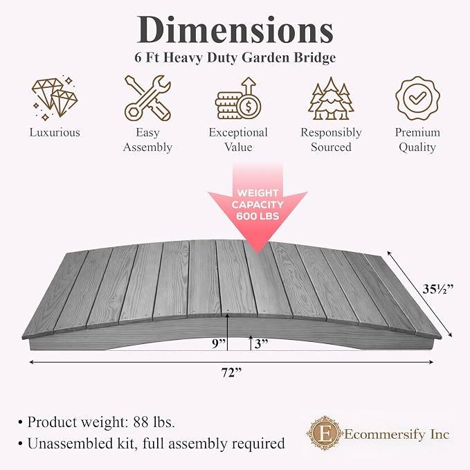 6 FT Grey Amish Made Pinewood Heavy Duty Garden Bridge - Image 2