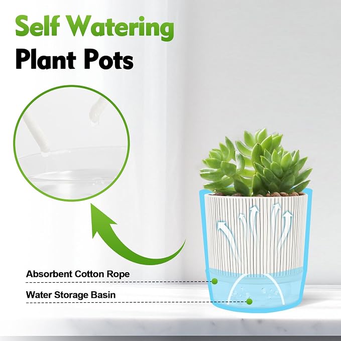 Self Watering Pots for Indoor Plants, 6 & 5 & 4 Inch Stylish Flower Pots - Image 3