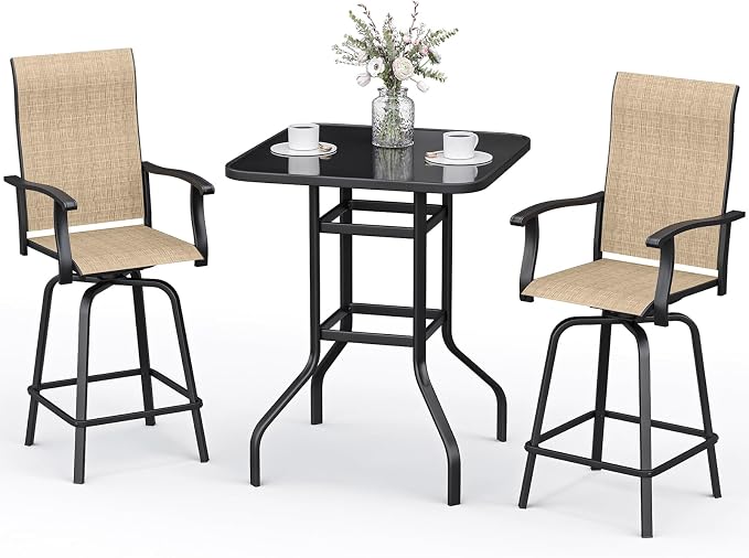 3-Piece Patio Bar Set with Textilene Swivel Bar Stools, All-Weather Bar Height by BUPPLEE