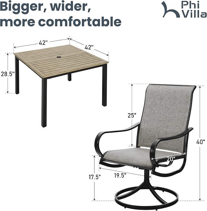 PHI VILLA 5 PCS Patio Dining Set, 4 Patio Swivel Dining Chairs & Square Brown - Image 7