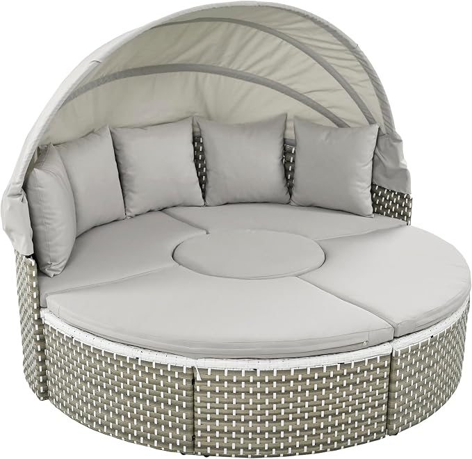 Merax Patio Furniture Round Outdoor Sectional Sofa Set, Rattan Daybed Two-Tone - Image 8
