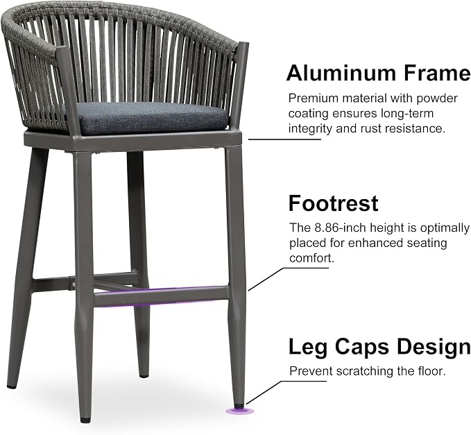 PURPLE LEAF Outdoor Bar Height Stools Set of 2 Patio Metal Modern Wicker Bar - Image 6
