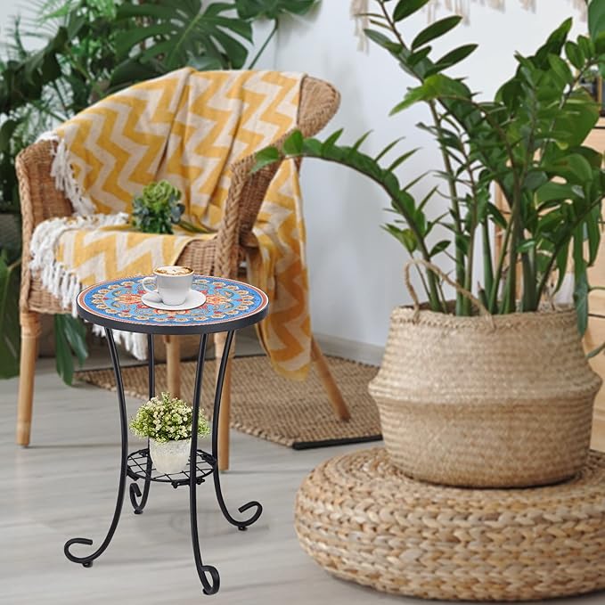 VCUTEKA Outdoor Side Table Mosaic Patio Table Accent Tables Mosaic Tile Top - Image 2