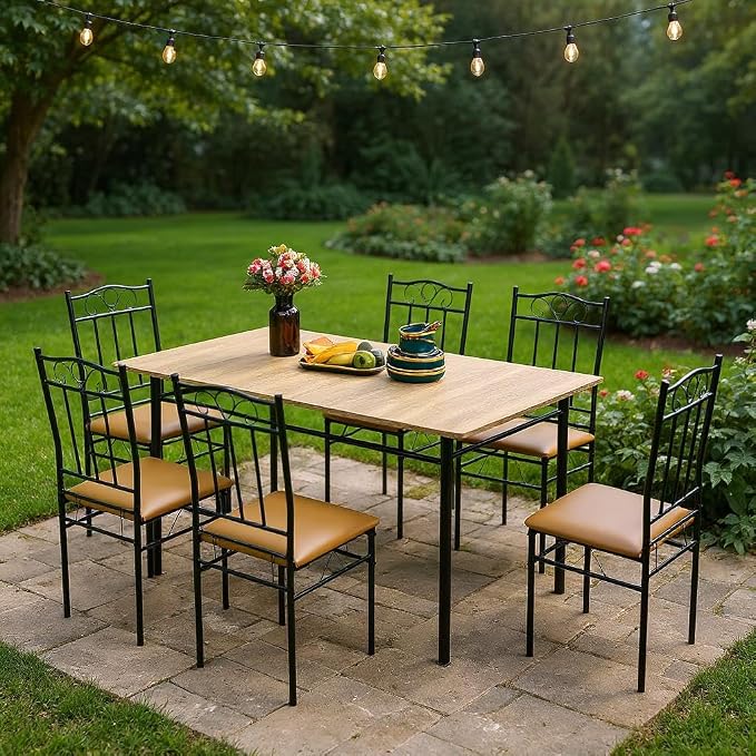 Homy Casa Outdoor Patio Dining Set, 7-Piece Table & Chairs, Wood Grain Top & by HomyCasa