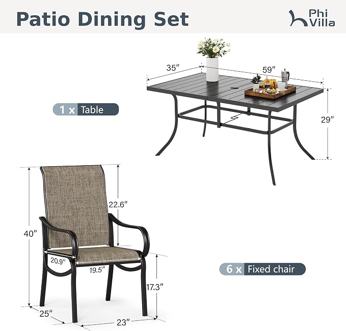 PHI VILLA Outdoor Dining Set for 6 Person, Rectangle Metal Slat Table - Image 9