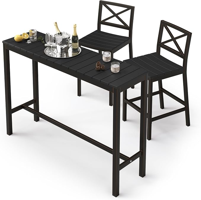 Outdoor Bar Height Table and Chairs Set, 3 Piece Black Top and Bronze Leg Patio by COZYMAN