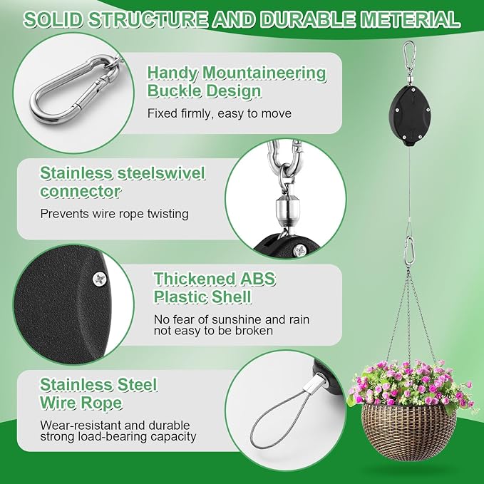 1 Pack Heavy Duty Retractable Plant Hangers, Adjustable Pull-Down Pulleys - Image 6