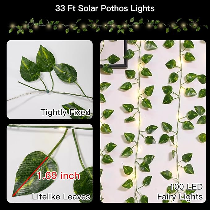 suddus Solar Fairy Lights, 33ft 100 Led Pothos Leaf Solar String Lights Outdoor - Image 6