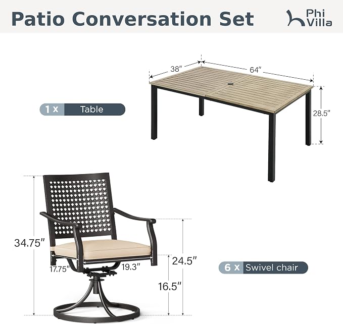 PHI VILLA 7 Pieces Outdoor Set for 6, 65” Wood-Like Metal Steel Dining Table & - Image 9