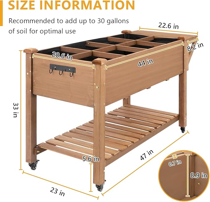 Raised Garden Bed with Lockable Wheels Mobile Elevated Wood Planter, Storage - Image 2