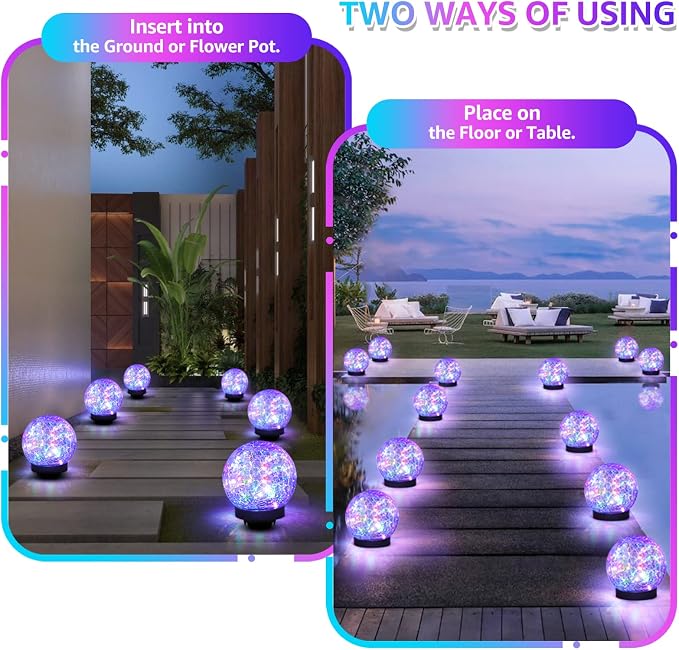 2-Pack Garden Solar Lights Outdoor, Colored Cracked Glass Ball Light Waterproof - Image 3