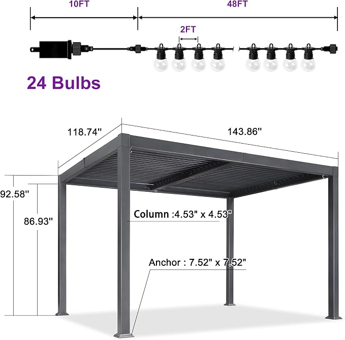 PURPLE LEAF Louvered Pergola w/Light 10' x 12' Aluminum Outdoor Pergola - Image 9