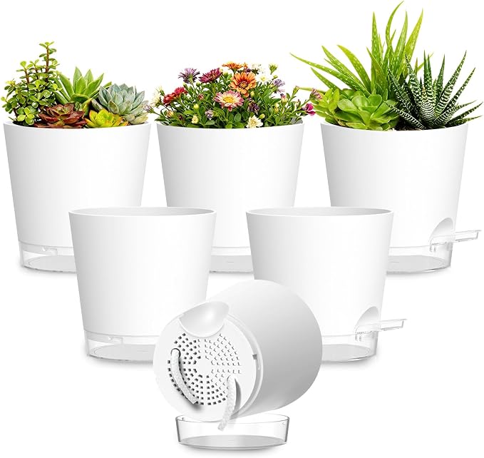 Plant Pots 4 Inch Self Watering Pots, 6 Pack Plastic Planters by SQKH