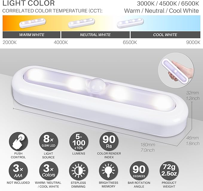 STAR-SPANGLED 3 Pack 7” Dimmable Push Tap Lights, Stick on LED Touch Lights AAA - Image 3