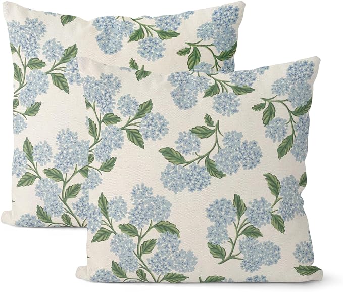Spring Pillow Covers 16x16 Inch 2 Pcs Navy Blue Sage Green Hydrangea Flower by DAFENA
