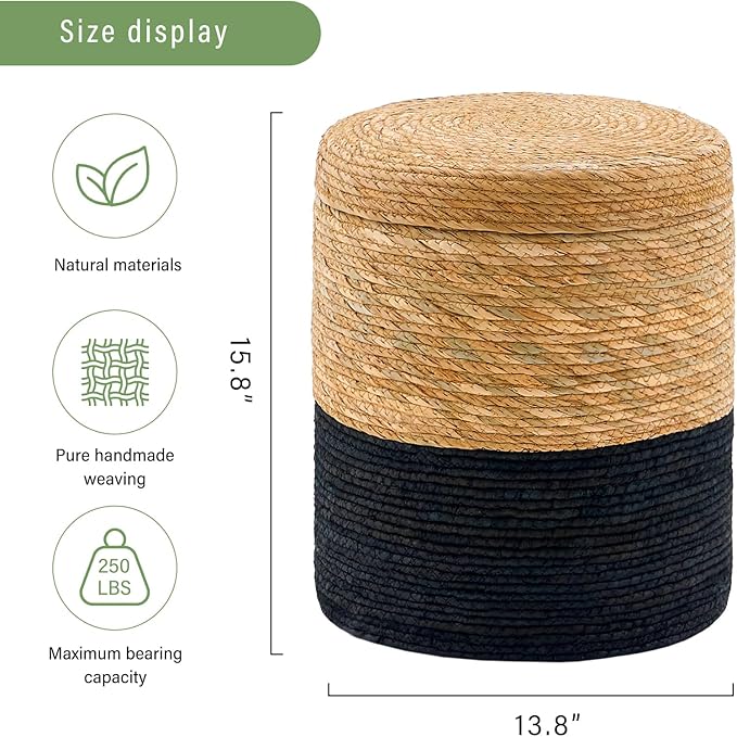 Wimarsbon Round Pouf Ottomans, Handwoven Natural Water Hyacinth Seagrass Pouffe - Image 3