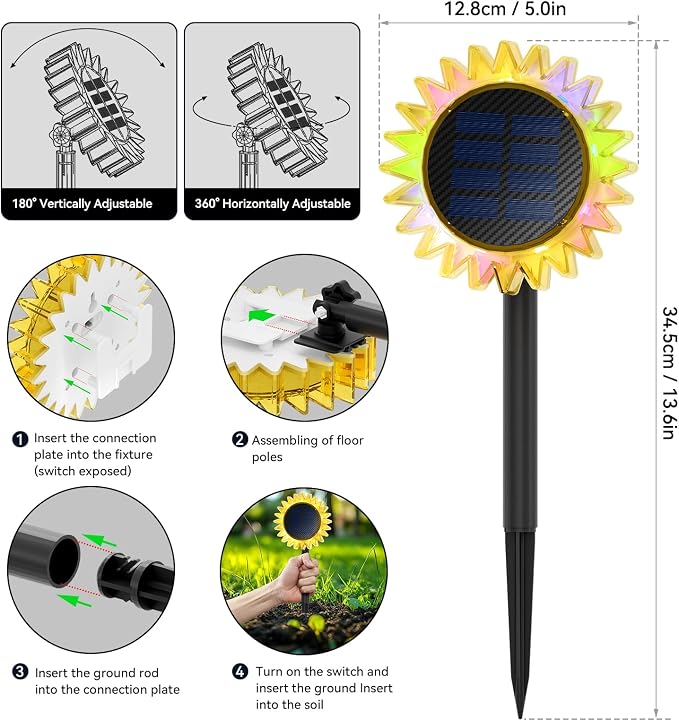 Outdoor Solar Lights, 4 Pack Upgraded Solar Sunflower Lights, Ground/Wall - Image 5