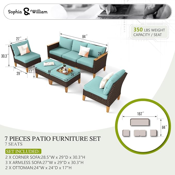 Sophia & William 7 Piece Patio Furniture Sets, Sectional Outdoor Rattan Wicker - Image 7