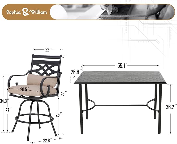 Sophia & William Patio Bar Set 5 Piece Outdoor High Dining Table and Chairs Set - Image 7
