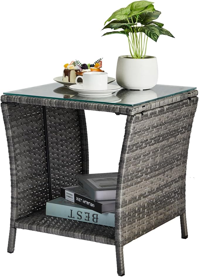 Wicker Rattan Side Table, Outdoor Square Rattan Coffee End Table by Unknown