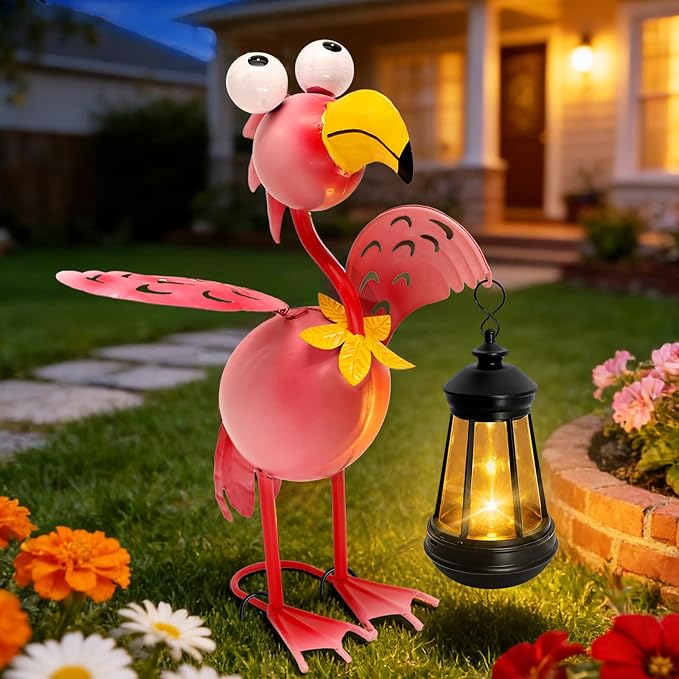 Solar Flamingo Statue with Lights, 13in Tall Solar Flamingo Garden Sculptures by yulloyello