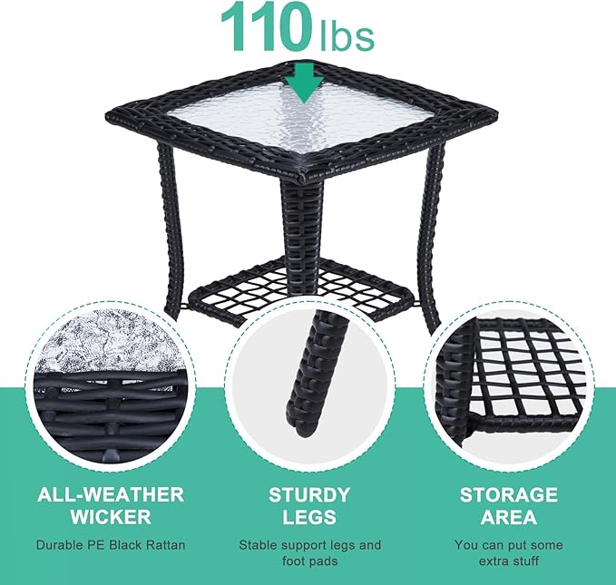 Outdoor Side Table with Storage Wicker Patio Side Table, Tempered Glass Top End - Image 6
