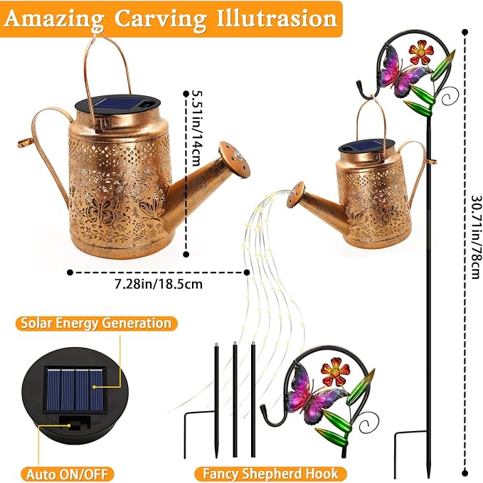 2 Pack Solar Powered Butterfly Watering Can Lights Waterproof Outdoor Decor - Image 3
